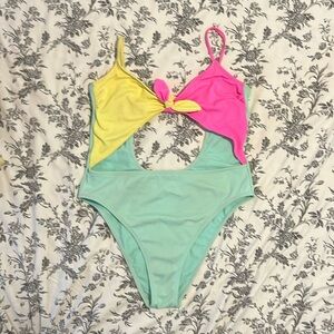 Bright color block one piece cutout swimsuit